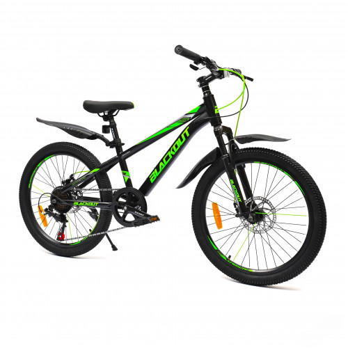 Горный велосипед 22" BLACKOUT,  скоростной, дисковые  тормоза, 22", SHIMANO, 2023, чёрно-зелёный 