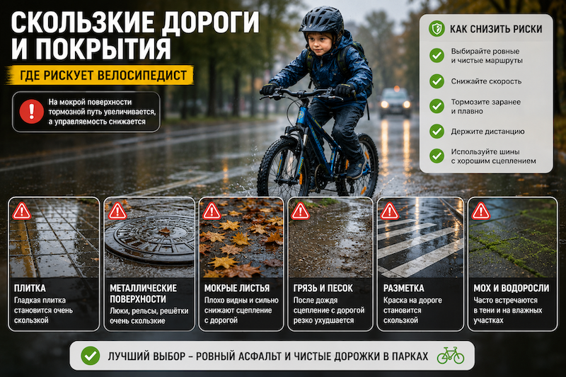 Мальчик едет на велосипеде в дождь