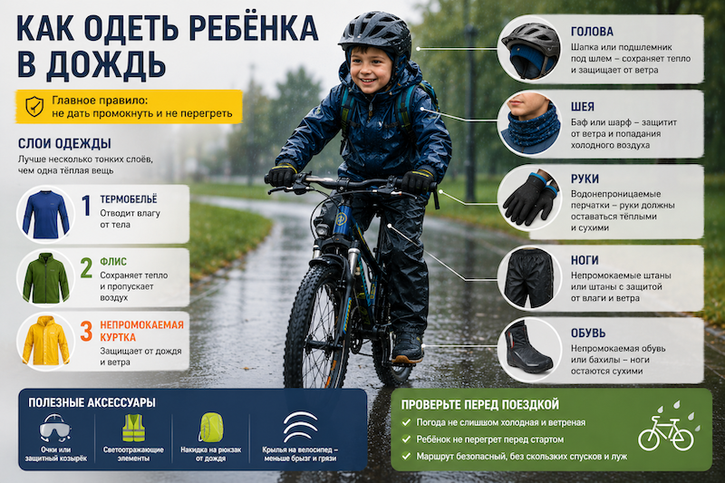 Разбор одежды ребенка, катающегося на велосипеде в мокрую погоду